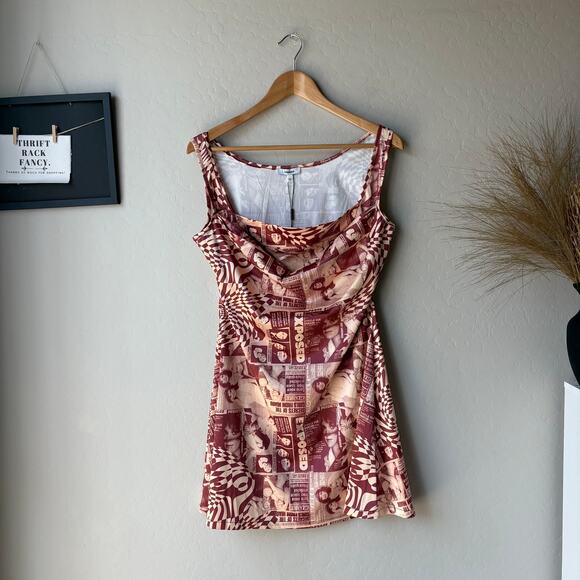 NEW Miaou Dress Ginger Red Wanted Magazine Print Draped Mini Dress Size L - Picture 2 of 10